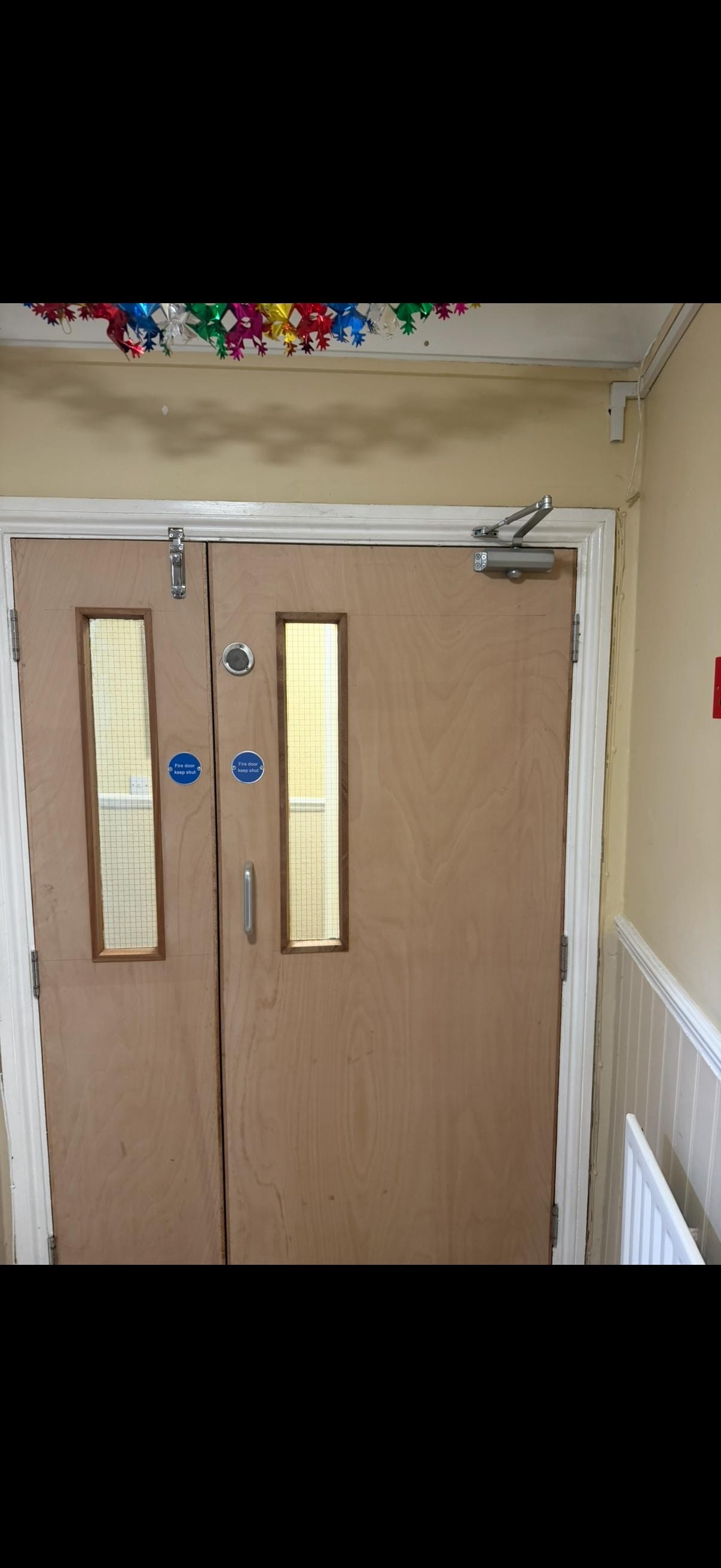 Double wooden glazed fire doors with window panes