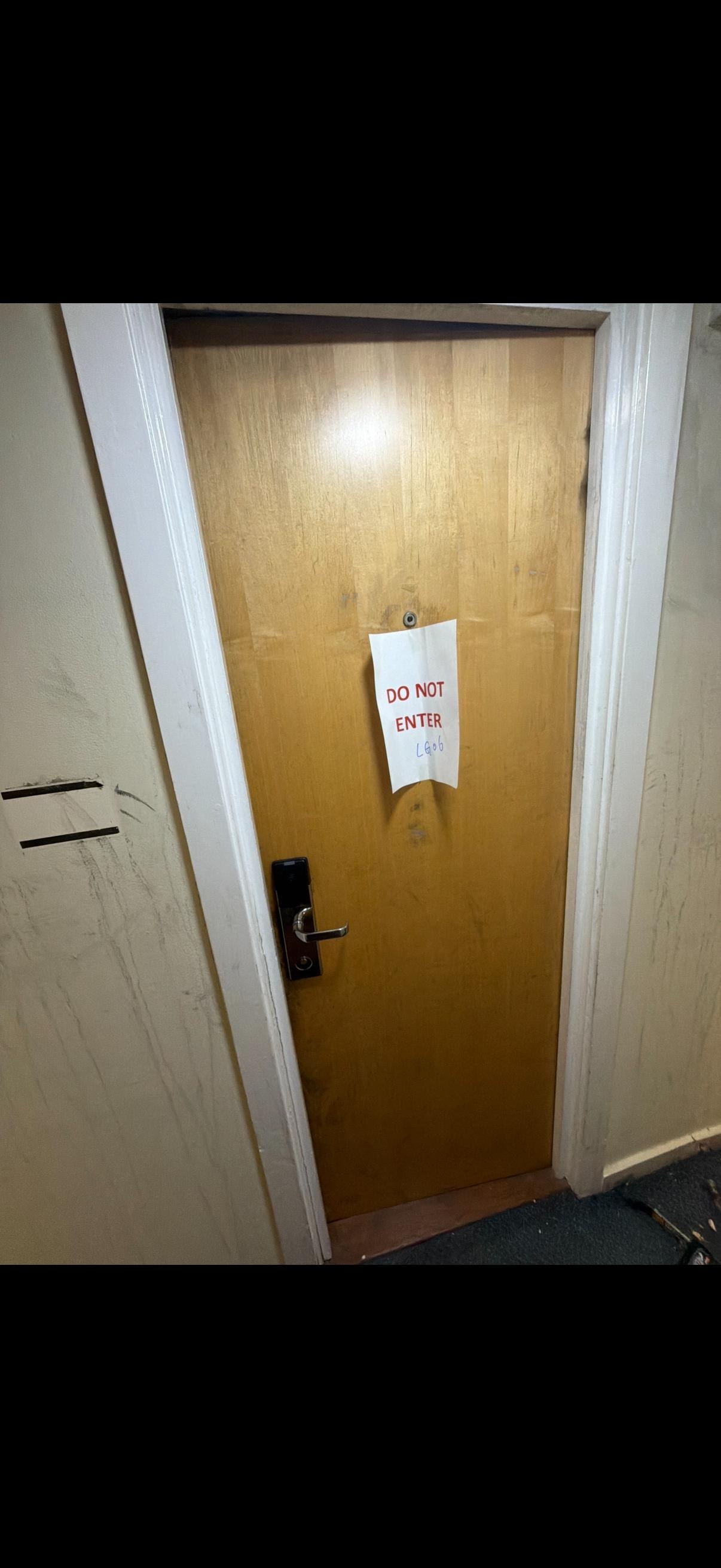 Room exterior after fire — fire door prevented spread to the rest of the building