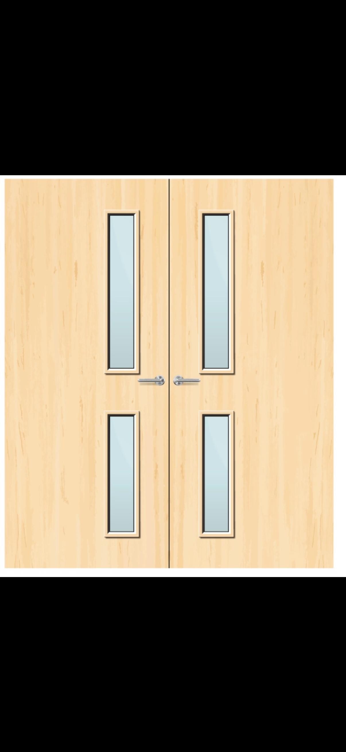 Fire door design — light wood double doors with glass panels