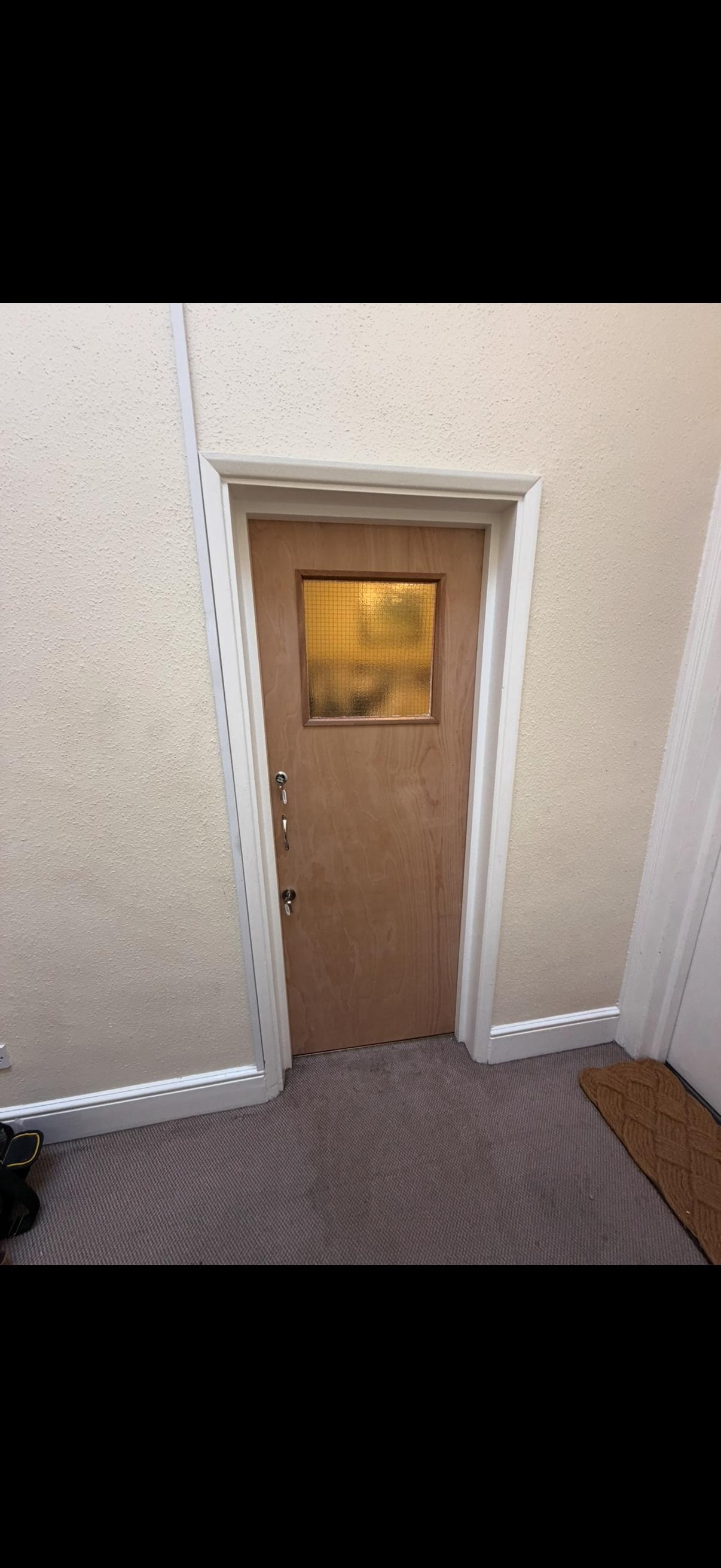 Wooden glazed fire door with frosted glass window