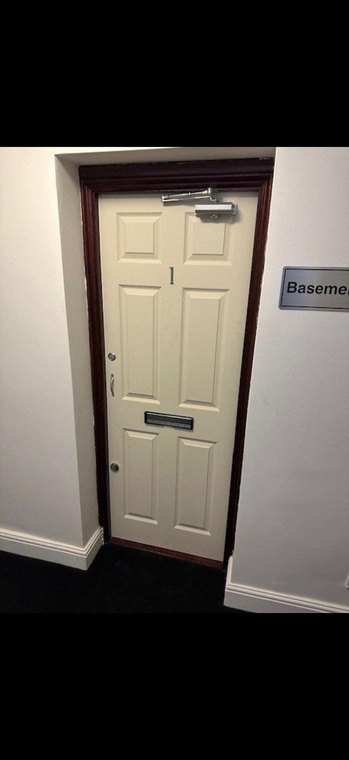 Cream six-panel fire door basement interior