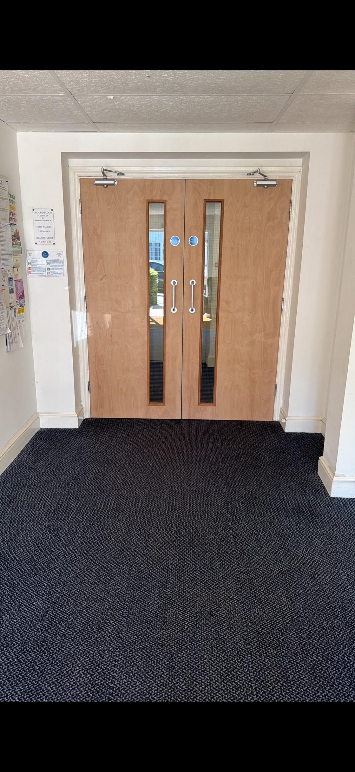 Wooden double glazed fire doors office hallway